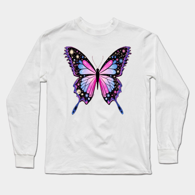 Cosmic Celestrial Vibrant Pink Blue Butterfly Long Sleeve T-Shirt by BirdsnStuff