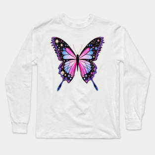 Cosmic Celestrial Vibrant Pink Blue Butterfly Long Sleeve T-Shirt