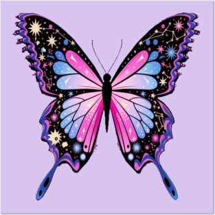 Cosmic Celestrial Vibrant Pink Blue Butterfly Posters and Art