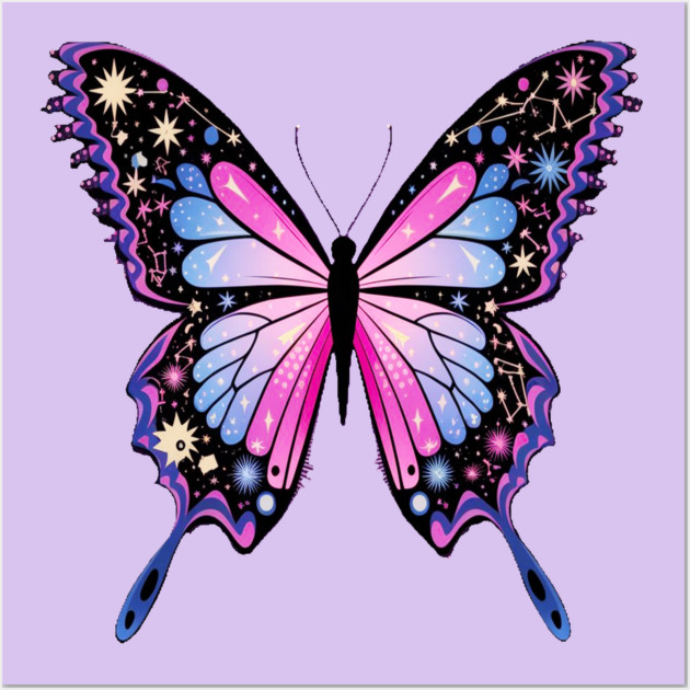 Cosmic Celestrial Vibrant Pink Blue Butterfly Wall Art by BirdsnStuff