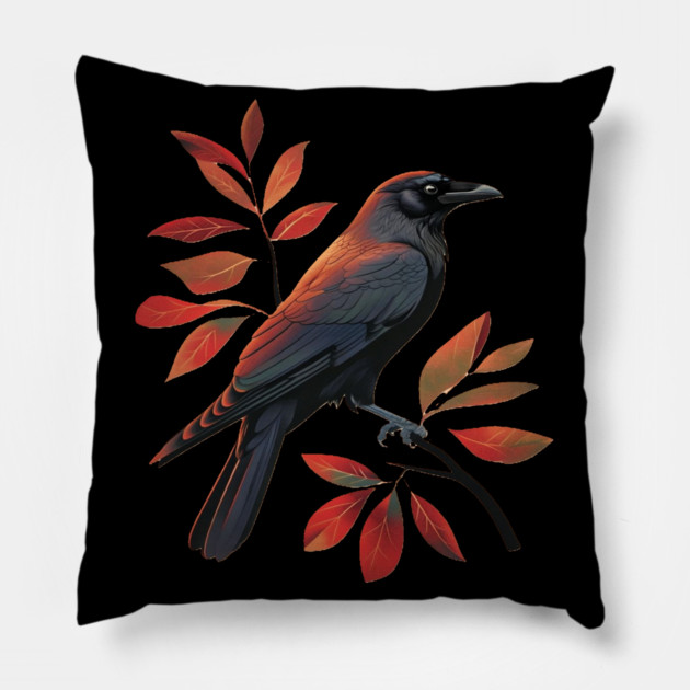 Vintage Minimalist Crow Illustration With Fall Leaves Pillow by BirdsnStuff
