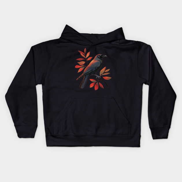 Vintage Minimalist Crow Illustration With Fall Leaves Kids Hoodie by BirdsnStuff