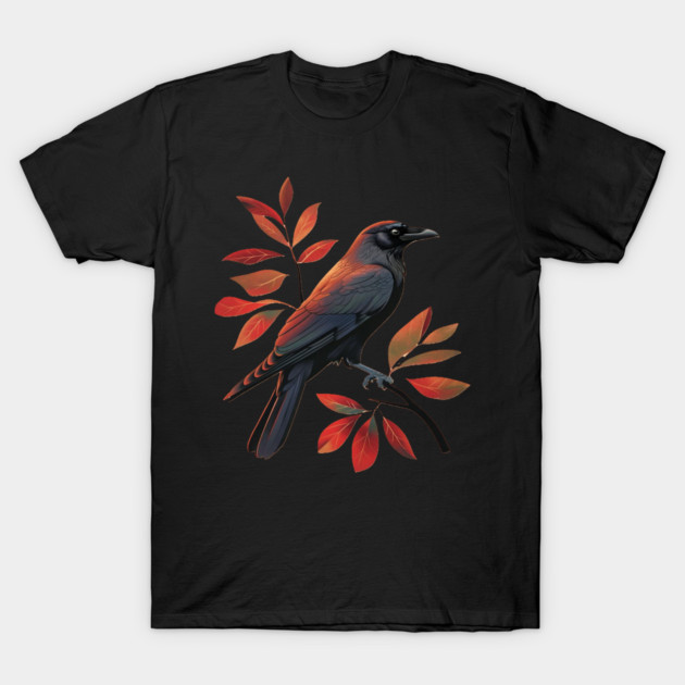 Vintage Minimalist Crow Illustration With Fall Leaves T-Shirt by BirdsnStuff