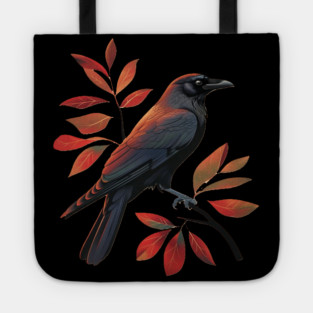 Vintage Minimalist Crow Illustration With Fall Leaves Tote