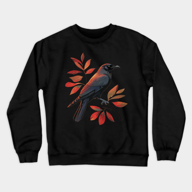 Vintage Minimalist Crow Illustration With Fall Leaves Crewneck Sweatshirt by BirdsnStuff