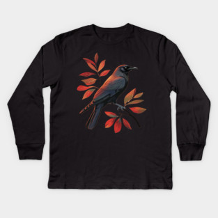 Vintage Minimalist Crow Illustration With Fall Leaves Kids Long Sleeve T-Shirt