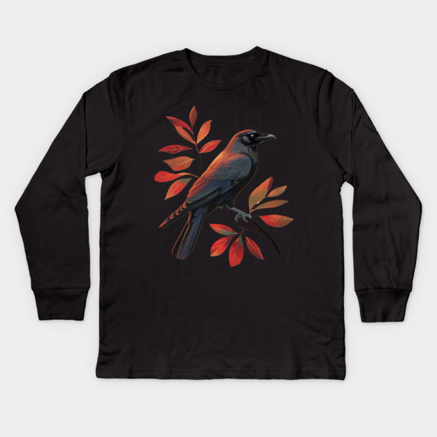 Vintage Minimalist Crow Illustration With Fall Leaves Kids Long Sleeve T-Shirt by BirdsnStuff