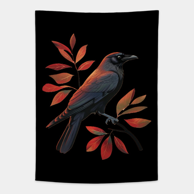 Vintage Minimalist Crow Illustration With Fall Leaves Tapestry by BirdsnStuff