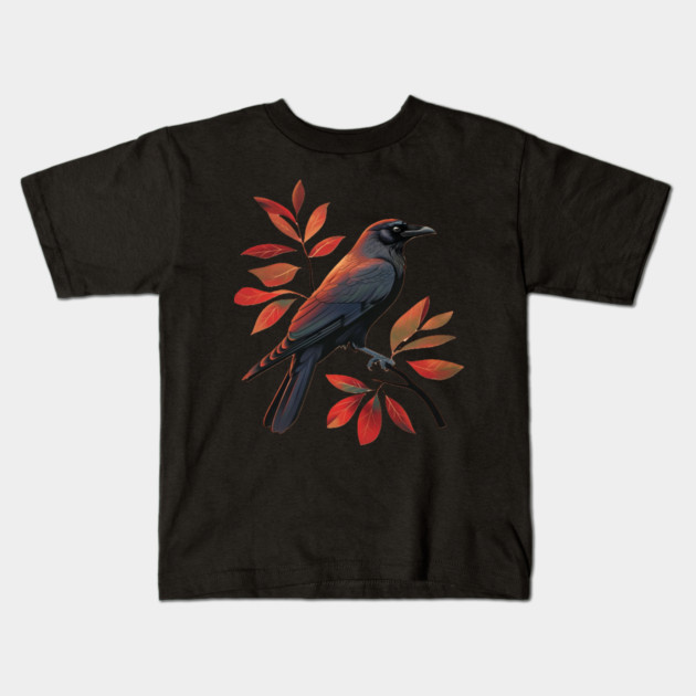 Vintage Minimalist Crow Illustration With Fall Leaves Kids T-Shirt by BirdsnStuff