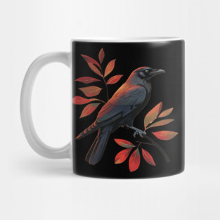 Vintage Minimalist Crow Illustration With Fall Leaves Mug