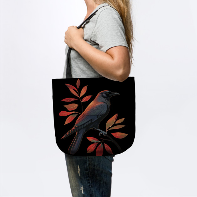 Vintage Minimalist Crow Illustration With Fall Leaves by BirdsnStuff