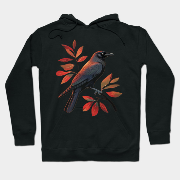 Vintage Minimalist Crow Illustration With Fall Leaves Hoodie by BirdsnStuff
