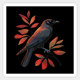 Vintage Minimalist Crow Illustration With Fall Leaves Magnet