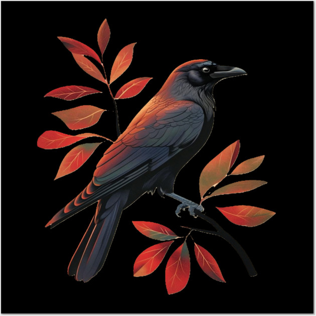 Vintage Minimalist Crow Illustration With Fall Leaves Wall Art by BirdsnStuff