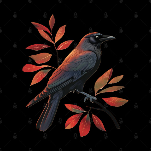 Vintage Minimalist Crow Illustration With Fall Leaves by BirdsnStuff