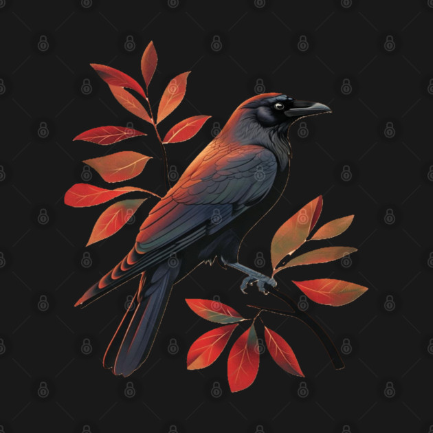 Vintage Minimalist Crow Illustration With Fall Leaves by BirdsnStuff