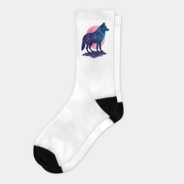 Purple Celestrial Cosmic Wolf Animal Illustration Socks by BirdsnStuff