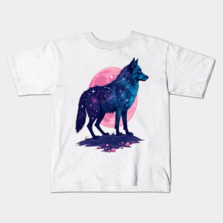 Purple Celestrial Cosmic Wolf Animal Illustration Kids T-Shirt