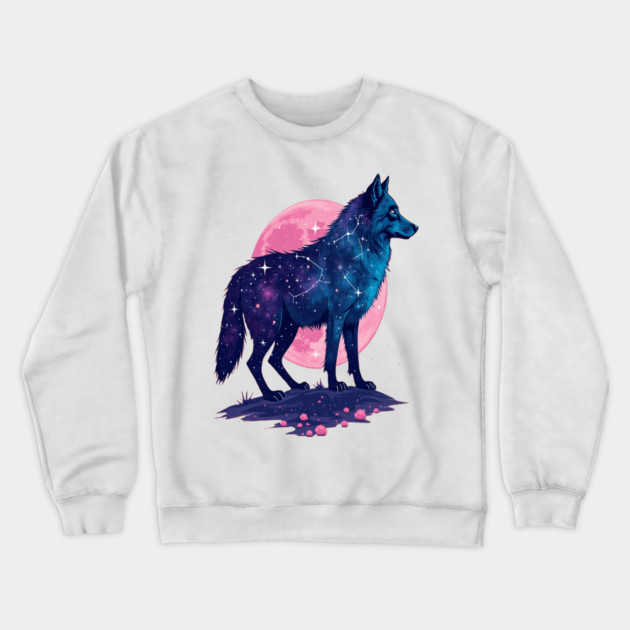 Purple Celestrial Cosmic Wolf Animal Illustration Crewneck Sweatshirt by BirdsnStuff