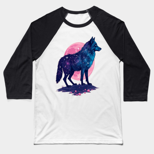 Purple Celestrial Cosmic Wolf Animal Illustration Baseball T-Shirt by BirdsnStuff