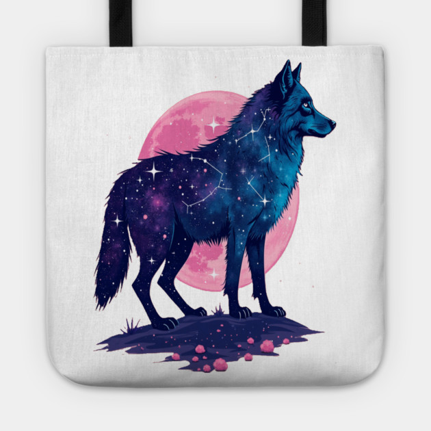Purple Celestrial Cosmic Wolf Animal Illustration Tote by BirdsnStuff