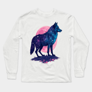 Purple Celestrial Cosmic Wolf Animal Illustration Long Sleeve T-Shirt