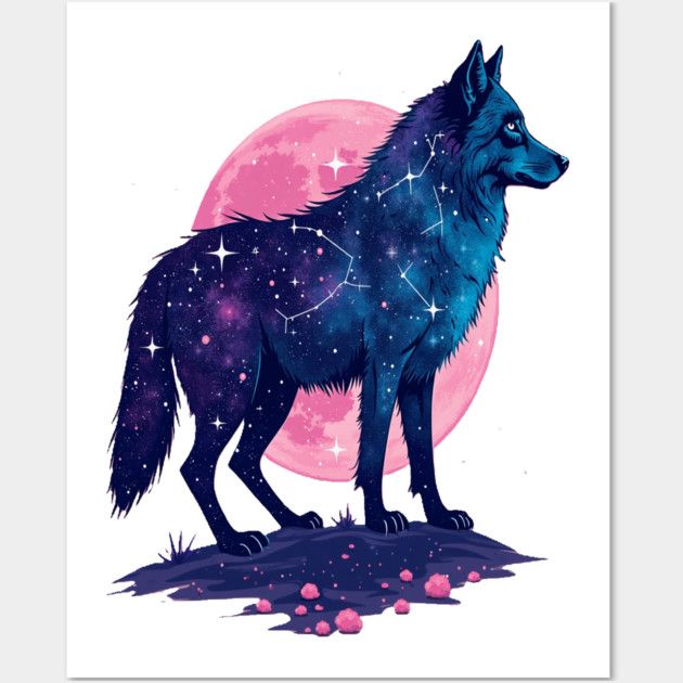 Purple Celestrial Cosmic Wolf Animal Illustration Wall Art by BirdsnStuff
