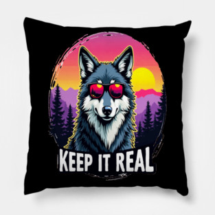 A Vintage Retro "Keep it Real", Wolf Text Graphic Design Pillow