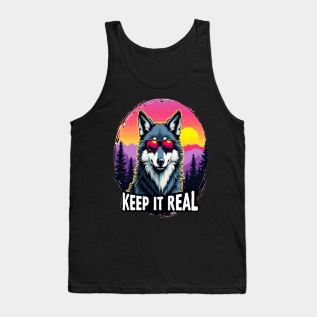 A Vintage Retro "Keep it Real", Wolf Text Graphic Design Tank Top by BirdsnStuff