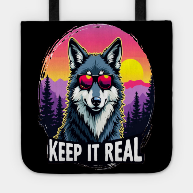 A Vintage Retro "Keep it Real", Wolf Text Graphic Design Tote by BirdsnStuff