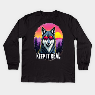 A Vintage Retro "Keep it Real", Wolf Text Graphic Design Kids Long Sleeve T-Shirt