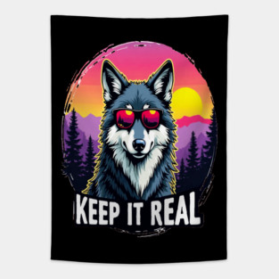 A Vintage Retro "Keep it Real", Wolf Text Graphic Design Tapestry
