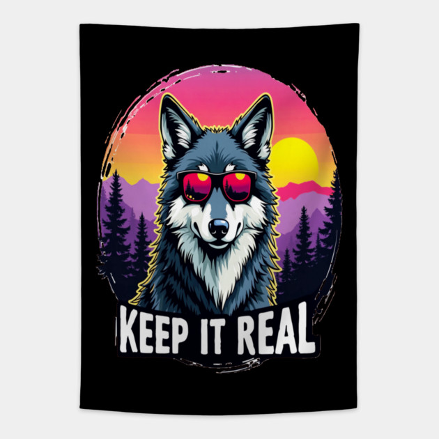 A Vintage Retro "Keep it Real", Wolf Text Graphic Design Tapestry by BirdsnStuff