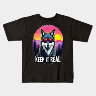 A Vintage Retro "Keep it Real", Wolf Text Graphic Design Kids T-Shirt