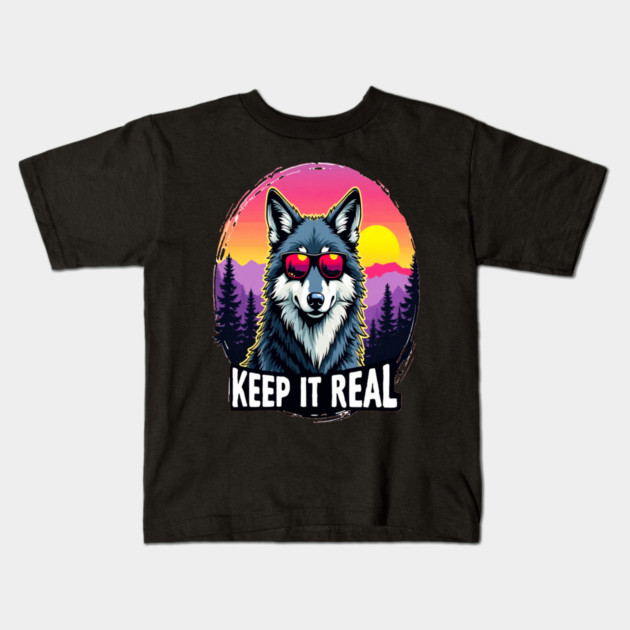 A Vintage Retro "Keep it Real", Wolf Text Graphic Design Kids T-Shirt by BirdsnStuff