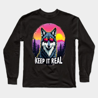 A Vintage Retro "Keep it Real", Wolf Text Graphic Design Long Sleeve T-Shirt