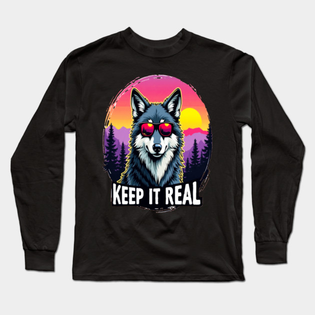 A Vintage Retro "Keep it Real", Wolf Text Graphic Design Long Sleeve T-Shirt by BirdsnStuff