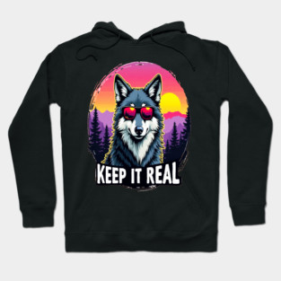 A Vintage Retro "Keep it Real", Wolf Text Graphic Design Hoodie