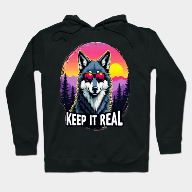 A Vintage Retro "Keep it Real", Wolf Text Graphic Design Hoodie by BirdsnStuff