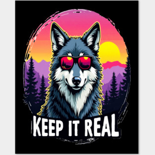 A Vintage Retro "Keep it Real", Wolf Text Graphic Design Posters and Art