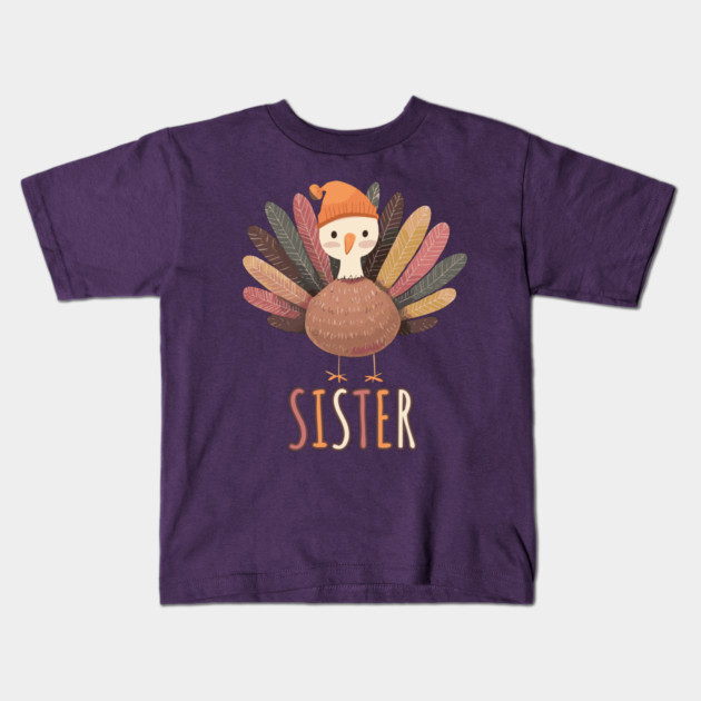 Cute Thanksgiving Sister Turkey with Hat - Boho Style Kids T-Shirt by TuncGK