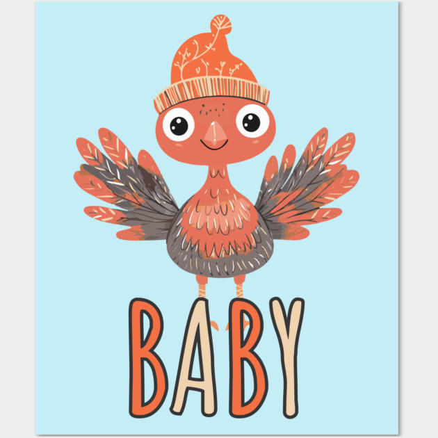 Cute Thanksgiving Baby Turkey with Beanie - Boho Style Wall Art by TuncGK