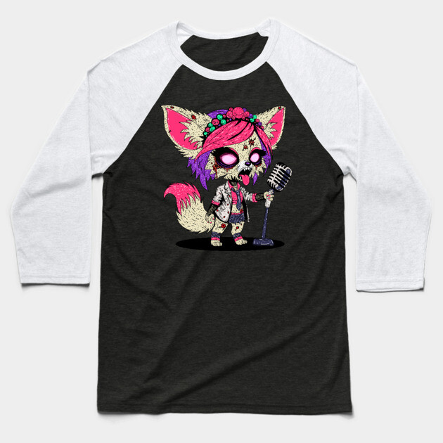 Fennec Fox 80s Pop Star Zombie Baseball T-Shirt by H. R. Sinclair