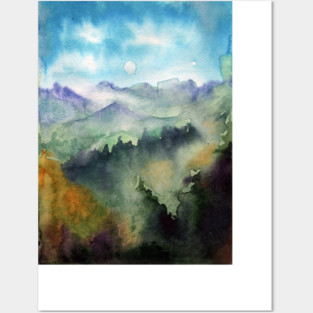 Watercolor landscape sky clouds Posters and Art