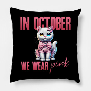 In October We Wear Pink - Heterochromatic White Cat Breast Cancer Awareness Design Pillow