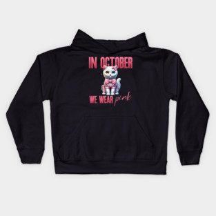 In October We Wear Pink - Heterochromatic White Cat Breast Cancer Awareness Design Kids Hoodie