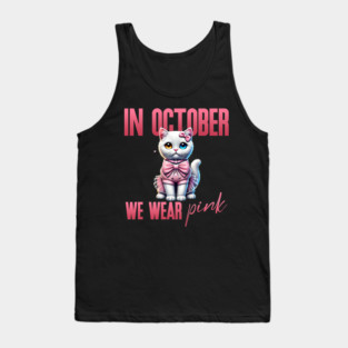 In October We Wear Pink - Heterochromatic White Cat Breast Cancer Awareness Design Tank Top