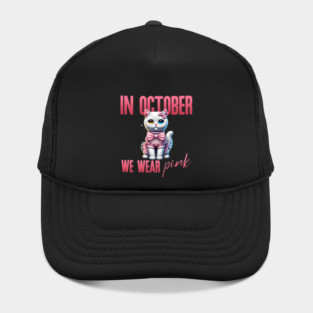 In October We Wear Pink - Heterochromatic White Cat Breast Cancer Awareness Design Hat