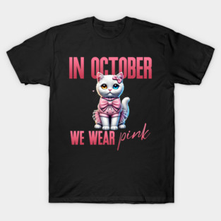 In October We Wear Pink - Heterochromatic White Cat Breast Cancer Awareness Design T-Shirt