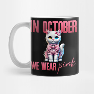 In October We Wear Pink - Heterochromatic White Cat Breast Cancer Awareness Design Mug